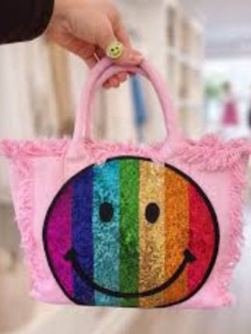 NWT Women Regina Pink Rainbow (Item-775) Sequin Smiley Face Fringed Tote Handbag